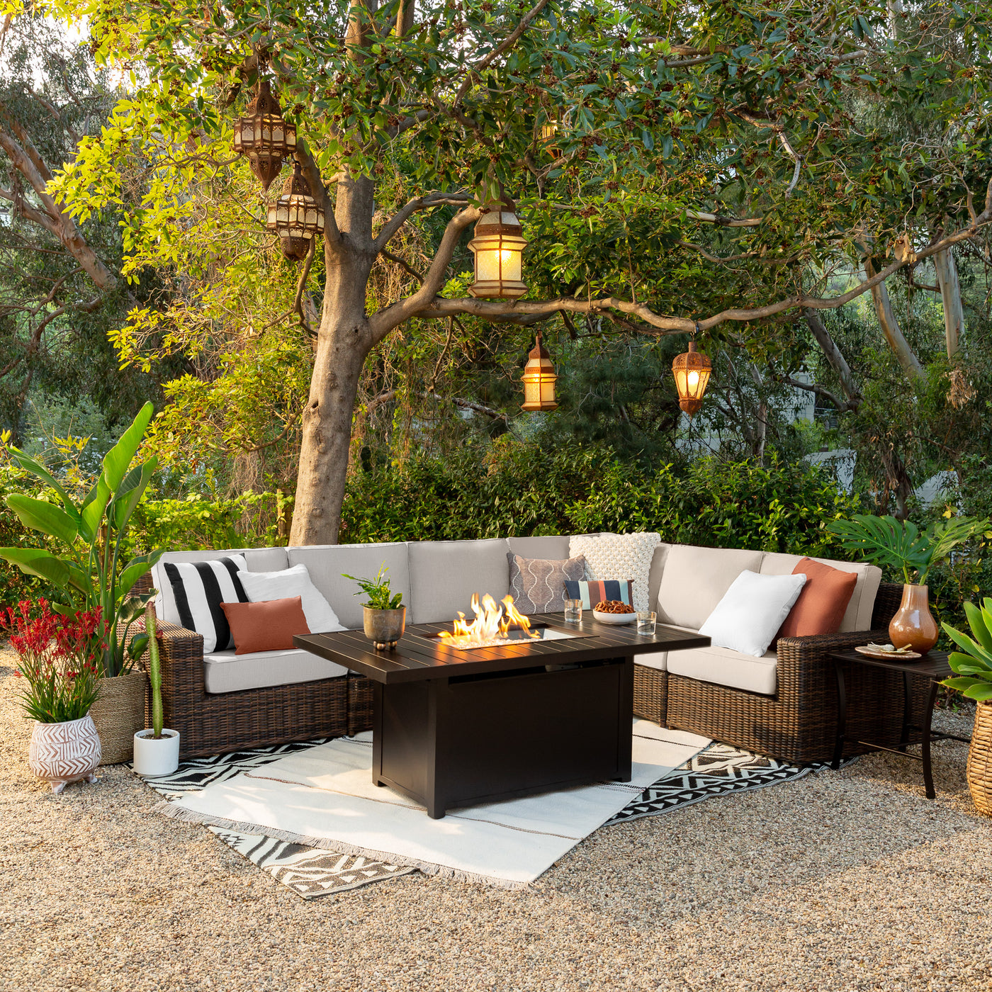 Langdon Outdoor Fire Pit Table Set with 4 Swivel Glider Chairs